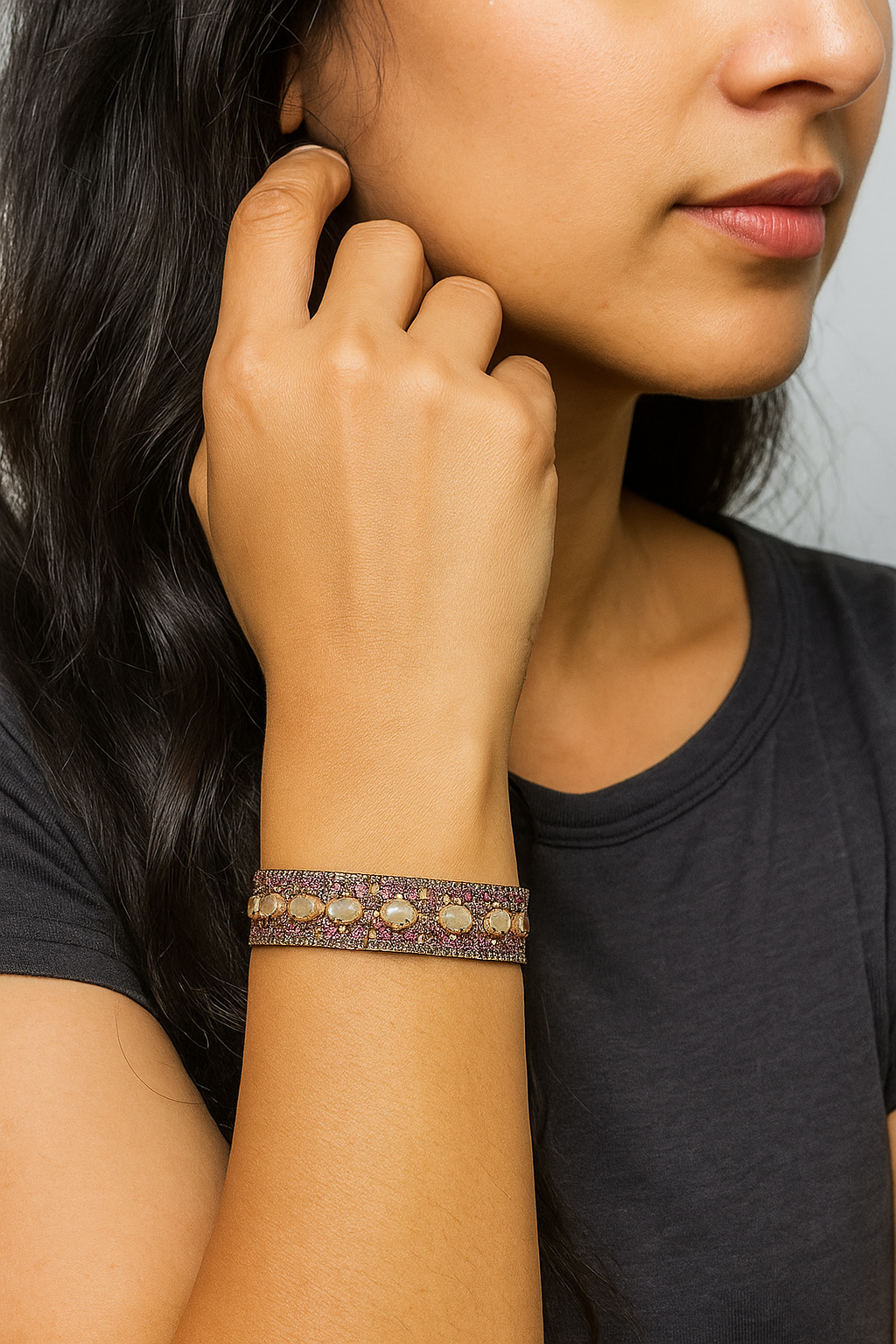 Bracciale in argento 925 placcato oro 18kt con diamanti naturali rubini e opali 