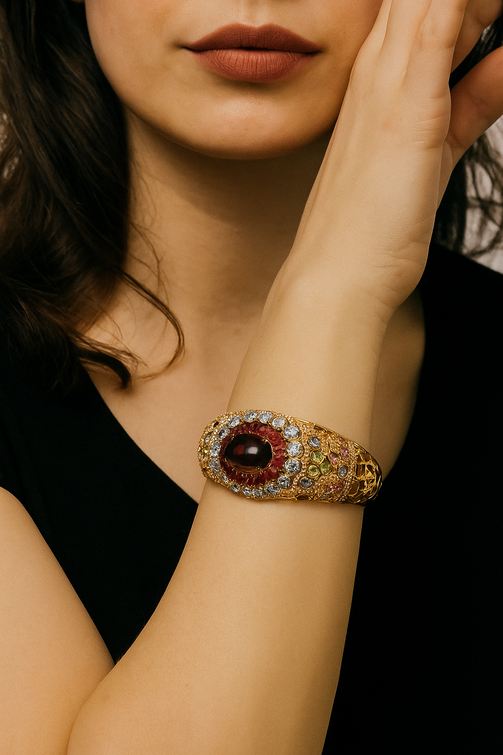 Bracciale rigido in argento 925 placcato oro 18kt con pietre varie