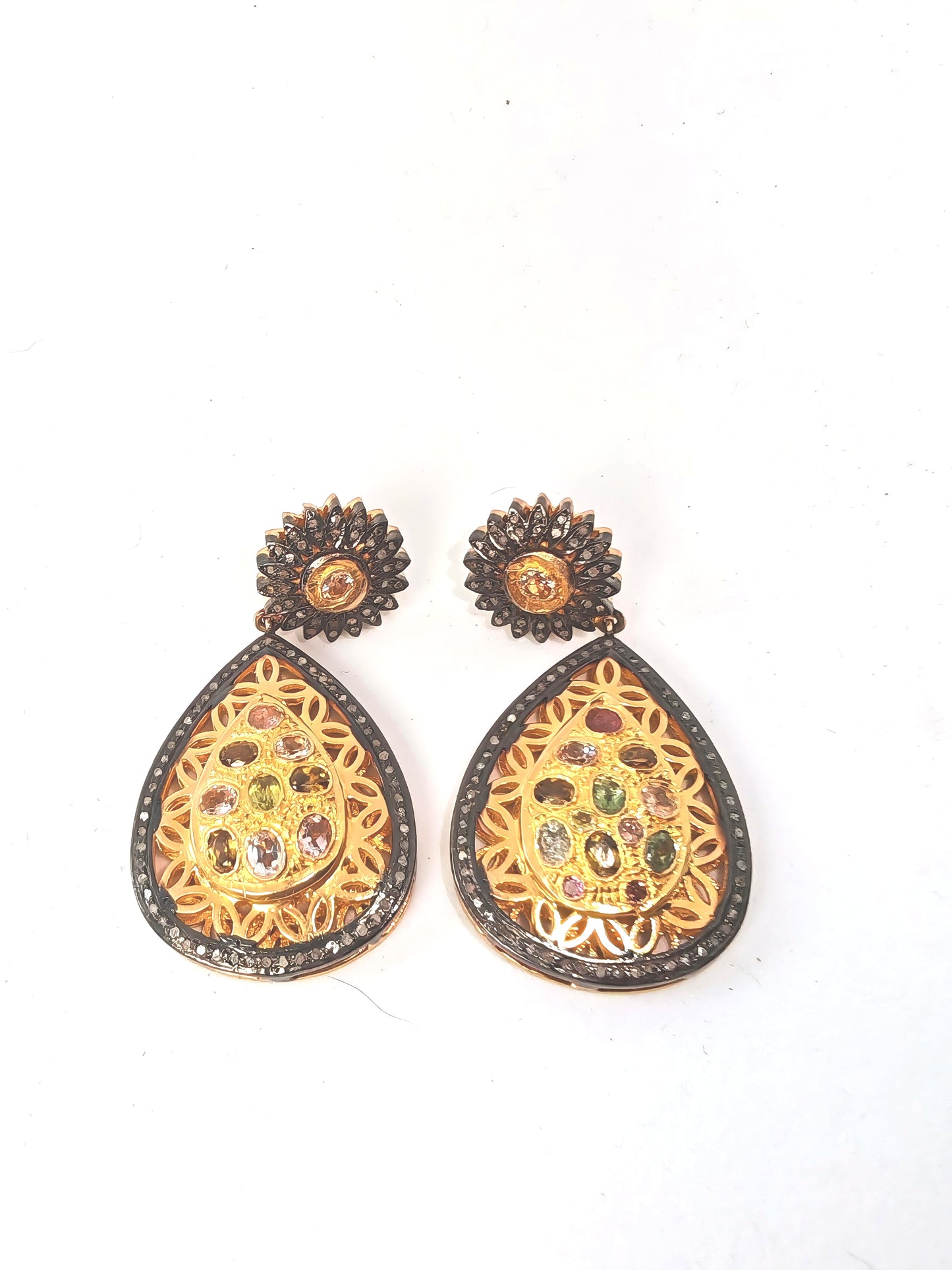 Orecchini in argento 925 placcato oro 18kt con tormaline e diamanti naturali