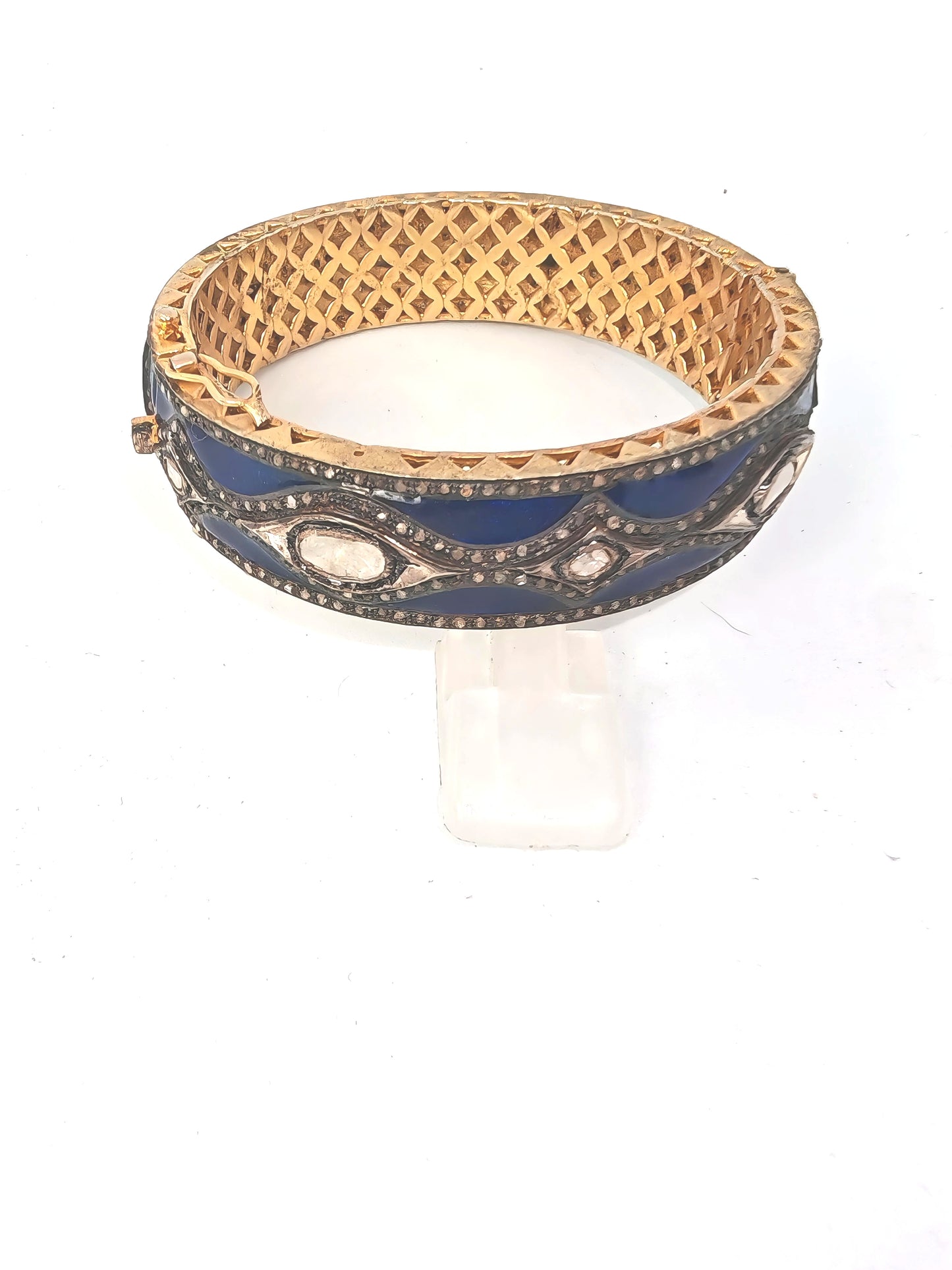 Bracciale in argento 925 placcato oro 18kt smaltato blu e diamanti