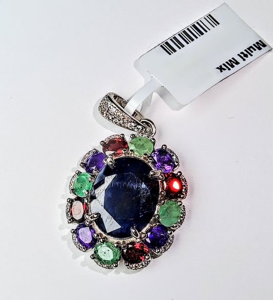 Pendente in argento 925 con zaffiro, smeraldi, granati e ametiste