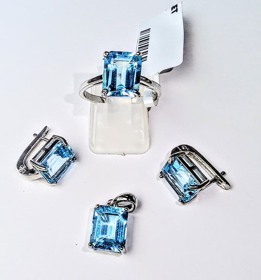 Set in argento 925 con topazi blu swiss anello , orecchini e pendente
